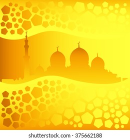 Golden mosque silhouette and transparent pentagons pattern 