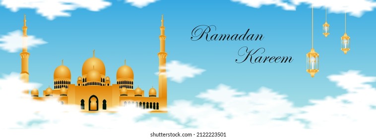 mezquita dorada en el cielo para ramadan y eid mubarak por diseño vectorial