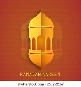 Golden mosque, Two fold paper illustrations on orange background for Islamic holy month of prayers, Ramadan Kareem. 