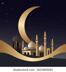 Golden mosque under crescent moon in a starry night sky. Perfect for Ramadan and Eid greetings or Islamic decor.