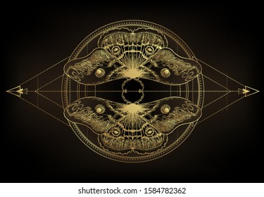 Golden moth over sacred geometry sign, isolated vector illustration. Tattoo flash. Mystical symbols and insects in gold. Alchemy, occultism, spirituality. Hand-drawn vintage.