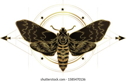 Golden moth over sacred geometry sign, isolated vector illustration. Tattoo flash. Mystical symbols and insects in gold. Alchemy, occultism, spirituality. Hand-drawn vintage.