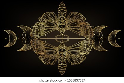 Golden moth over sacred geometry sign, isolated vector illustration. Tattoo flash. Mystical symbols and insects in gold. Alchemy, occultism, spirituality. Hand-drawn vintage.