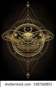 Golden moth over sacred geometry sign, isolated vector illustration. Tattoo flash. Mystical symbols and insects in gold. Alchemy, occultism, spirituality. Hand-drawn vintage.