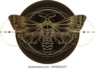 Golden moth over sacred geometry sign, isolated vector illustration. Tattoo flash. Mystical symbols and insects in gold. Alchemy, occultism, spirituality. Hand-drawn vintage