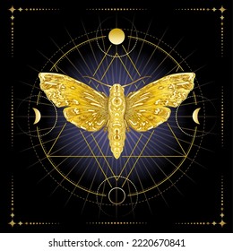 Golden Moth Symbol of Inner Wisdom and Phases of Moon. Sacred Geometry Esoteric Illustration on Black Background.