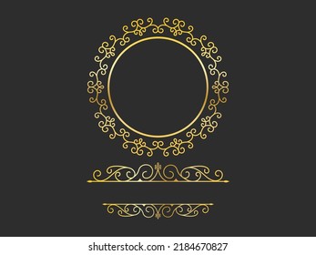 Golden Motif Or Flourish Emblem And Copy Space On Black Background.