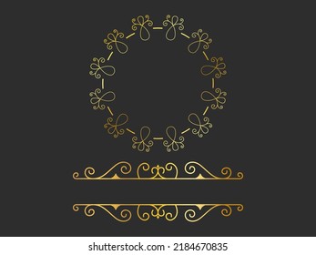 Golden Motif Or Flourish Emblem And Copy Space On Black Background.