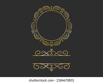 Golden Motif Or Flourish Emblem Logo With Copy Space On Black Background.