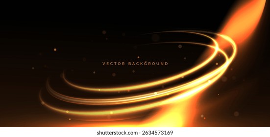 Anillos de movimiento dorado efecto de luz con efecto de iluminación brillante sobre fondo oscuro. Ilustración vectorial