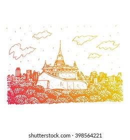 The Golden Mount at Wat Saket in Bangkok, Thailand. Sketch by hand. Vector illustration