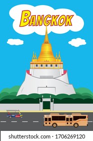 The Golden Mount at Wat Saket - The famous symbols of Bangkok Thailand foreground with Bangkok transportation drawing in vector