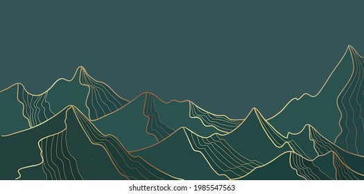 Paisaje de la línea dorada de la montaña, diseño montañoso de papel pintado para imprimir. Ilustración del vector de vista abstracta alpina.