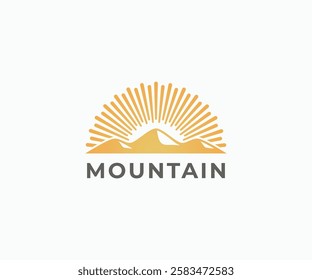 Golden Mountain sunlight shine logo icon. Sunrise golden light shines on top mountain logo symbol vector illustration