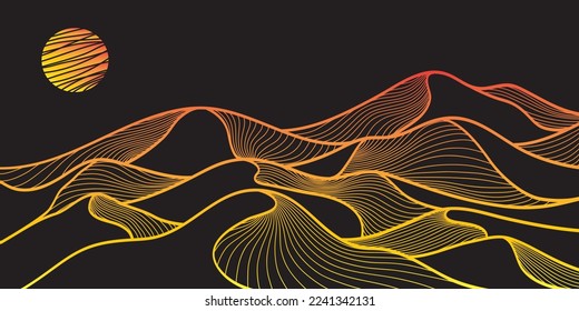 Diseño de papel tapiz de montaña dorado, desierto con arte paisajístico, diseño de fondo dorado de lujo para cubiertas, fondo negro, diseño de embalajes, arte mural, tejidos e impresiones. Ilustración vectorial.