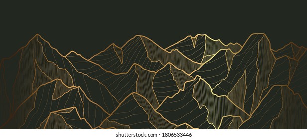 Golden Mountains Art Deco Isolated On Black Background. Luxury Wallpaper Design With Gold Foil Shiny Sketch Of Mountain Landscape. Vector Illustration