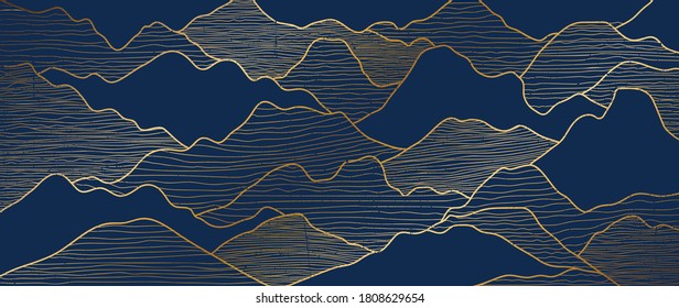 Golden Mountains Art Deco Isolated On Black Background. Luxury Wallpaper Design With Gold Foil Shiny Sketch Of Mountain Landscape. Vector Illustration