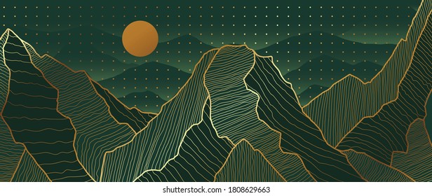 Golden Mountains Art Deco Isolated On Black Background. Luxury Wallpaper Design With Gold Foil Shiny Sketch Of Mountain Landscape. Vector Illustration