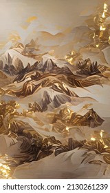 Golden Mountains Art Deco Isolated On Black Background. Luxury Wallpaper Design With Gold Foil Shiny Sketch Of Mountain Landscape. Vector Illustration
