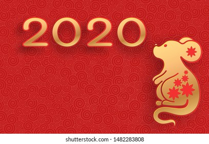 Golden mouse on a textured red background. Template on the theme of the Chinese horoscope. Eastern calendar. Year of the mouse. Free space. Greeting card.