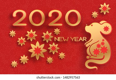 Golden mouse on a textured red background. Template on the theme of the Chinese horoscope. Eastern calendar. Year of the mouse. Free space. Greeting card.