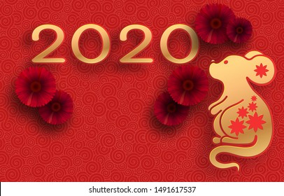 Golden mouse on a textured red background. Template on the theme of the Chinese horoscope. Eastern calendar. Year of the mouse. Free space. Greeting card.