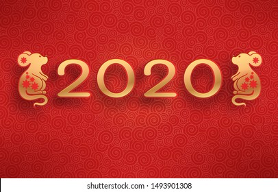 Golden mouse on a textured red background. Template on the theme of the Chinese horoscope. Eastern calendar. Year of the mouse. Free space. Greeting card.