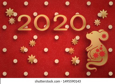 Golden mouse on a textured red background. Template on the theme of the Chinese horoscope. Eastern calendar. Year of the mouse. Free space. Greeting card.