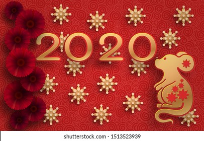 Golden mouse on a textured red background. Template on the theme of the Chinese horoscope. Eastern calendar. Year of the mouse. Free space. Greeting card.