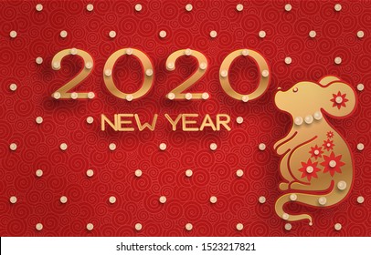 Golden mouse on a textured red background. Template on the theme of the Chinese horoscope. Eastern calendar. Year of the mouse. Pearls. Free space. Greeting card.