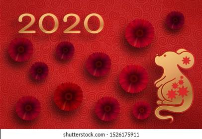 Golden mouse on a textured red background. Template on the theme of the Chinese horoscope. Eastern calendar. Year of the mouse. Free space. Greeting card.