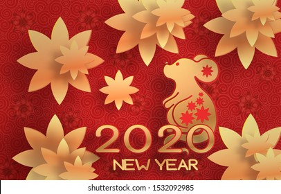 Golden mouse on a textured red background. Template on the theme of the Chinese horoscope. Eastern calendar. Year of the mouse. Free space. Greeting card.