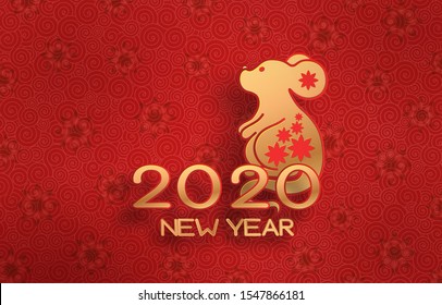 Golden mouse on a textured red background. Template on the theme of the Chinese horoscope. Eastern calendar. Year of the mouse. Free space. Greeting card.