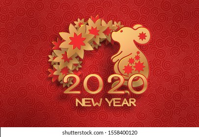 Golden mouse on a textured red background. Template on the theme of the Chinese horoscope. Eastern calendar. Year of the mouse. Greeting card.
