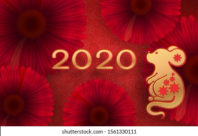Golden mouse on a textured red background. Template on the theme of the Chinese horoscope. Eastern calendar. Year of the mouse. Free space. Greeting card.