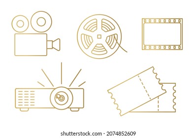 golden movie industry icons: camera, film reel and frame, projector, cinema tickets - vector illustration