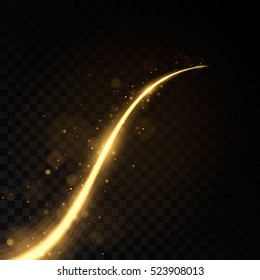 Golden moving line with light effects. Isolated on black transparent background. Vector illustration, eps 10.

