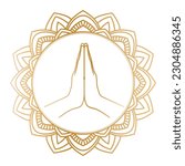 Golden Mudra Namaste in an ornate round frame. Hands in a praying gesture. Vector illustration