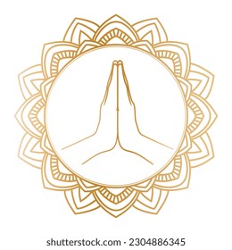 El Golden Mudra Namaste en un marco redondo ornamentado. Manos en un gesto de oración. Ilustración del vector