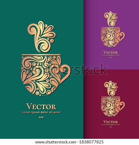 Golden mug emblem. Vector illustration. Can be used for drink, food and other packaging types. Great for logo, monogram, invitation, flyer, menu, brochure, background or any desired idea.
