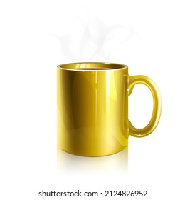 golden mug with hot drink isolated on white background