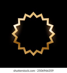 Golden multipoint star frame on black background. Gold stamp, button. Blank space for picture, painting, card. 3d realistic empty template vector illustration. Simple object mockup.