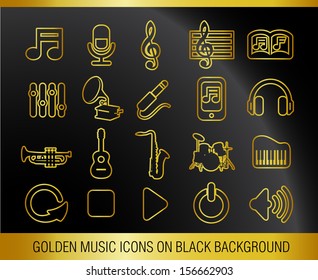 Golden Music Icons on Black Background.