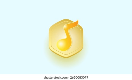 Golden Music Note Icon on Light Background. glossy golden music note icon with a modern 3D effect placed on a soft hexagonal background. Ideal for music apps, user interface elements, audio platforms.