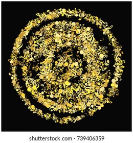 Golden Music Notes Confetti. Vector Falling Down Music Sheet Elements. Round Mandala, Spiral, Turning Circle, Wheel. Sparkling Celebration Glitter. Shining Golden Music Notes Confetti. Round Ornament.