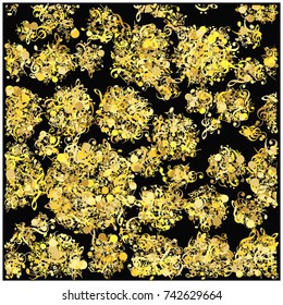 Golden Music Notes Confetti. Vector Falling Down Music Sheet Elements. Round Mandala, Spiral, Turning Circle, Wheel. Sparkling Celebration Glitter. Shining Golden Music Notes Confetti. Round Ornament.