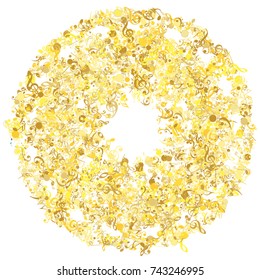 Golden Music Notes Confetti. Vector Falling Down Music Sheet Elements. Round Mandala, Spiral, Turning Circle, Wheel. Sparkling Celebration Glitter. Shining Golden Music Notes Confetti. Round Ornament.