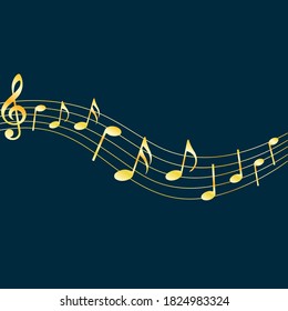 Golden music notes on dark blue background, vector illustration.