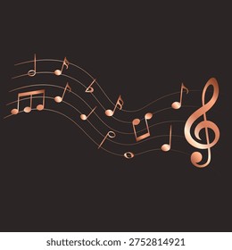 Golden music notes on dark background, vector illustration.