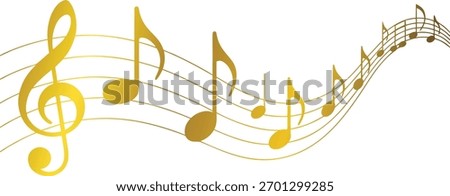 Golden music notes on flowing staff lines, elegant musical melody wave in gold gradient, vector illustration for sound, harmony, rhythm, and artistic music concept background design.